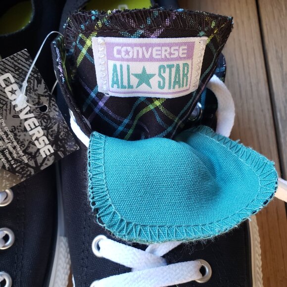 BNWT CTAS Converse Double Tongue Jet Black Aqua Plaid 655324F (Jr. 4.5) KICKS - Picture 7 of 8